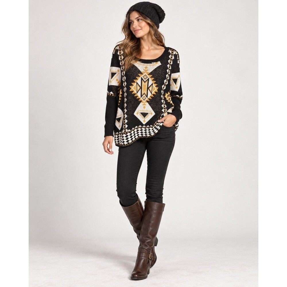 Relativity Boho Southwest Nomad Sweater Womens M Black Geometric Pullover Knit